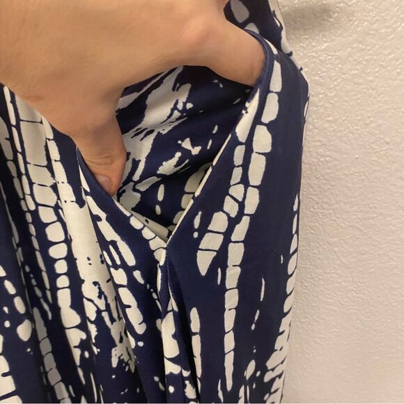 Navy blue print stretch v neck wrap midi summer sleeveless dress M NEW - Picture 6 of 10